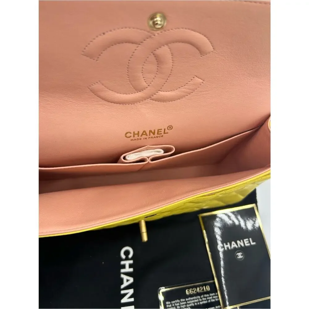 Women's Chanel Classic Quilted double Flap Bag in Yellow with Gold Hardware
